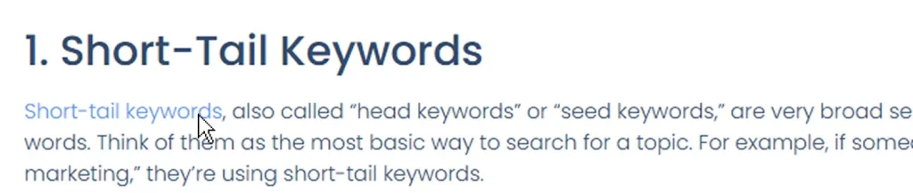 cursor hower over blue text of short-tail keywords to highlight them as anchor text